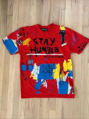 Reason Brand Red 'Stay Humble' Graphic Tee with Blue & Yellow Accents